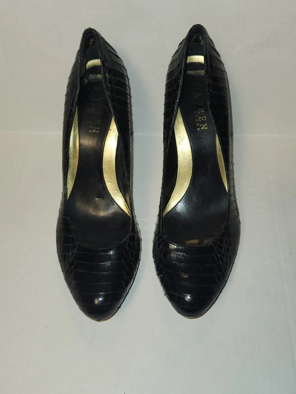 Ralph Lauren Kailee Black Snake Skin Snakeskin High Heel Pumps Stilettos 9 EUC